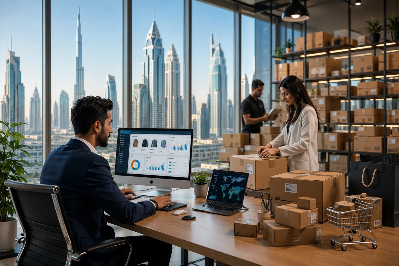 Dubai ecommerce startup online shopping digital business warehouse delivery UAE modern entrepreneur office